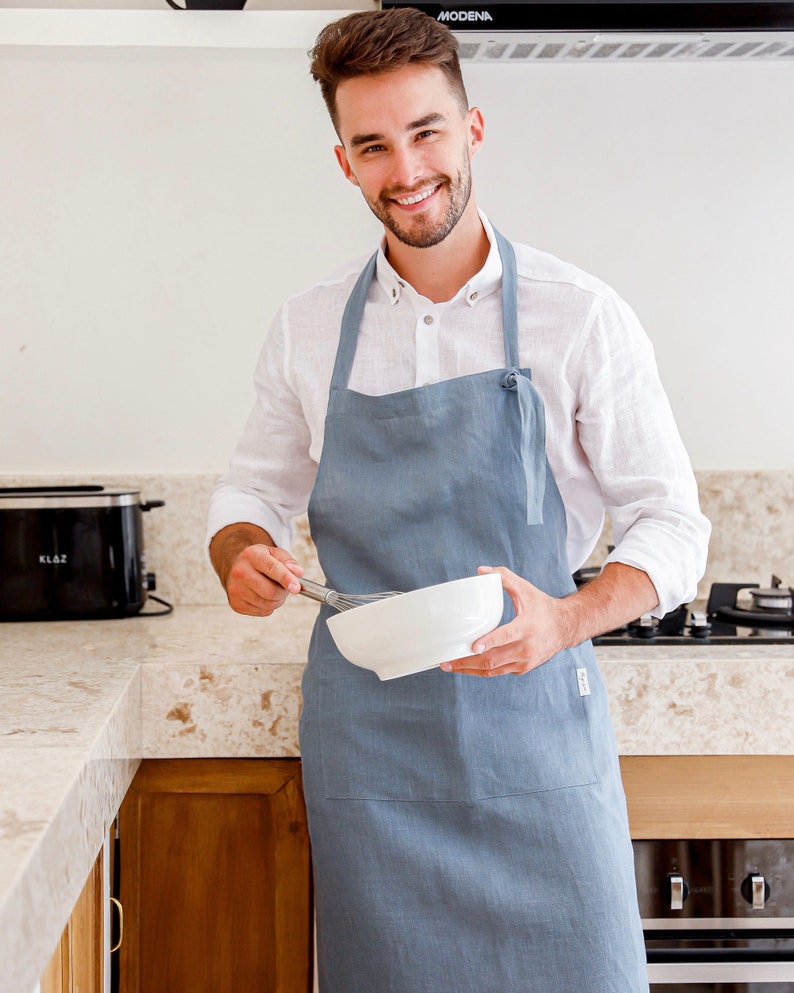 Linen apron for men. Cooking apron in brown, gray, blue colors. Apron with pockets. BBQ apron Gray blue