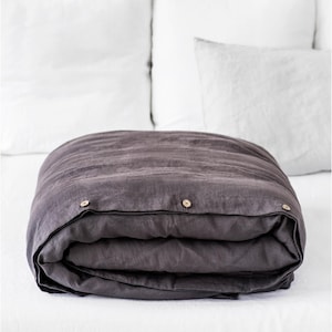 Charcoal Gray Linen Duvet Cover – Stonewashed Flax Bedding – Dark Gray Queen King Comforter – Breathable OEKO TEX Midweight Linen Set