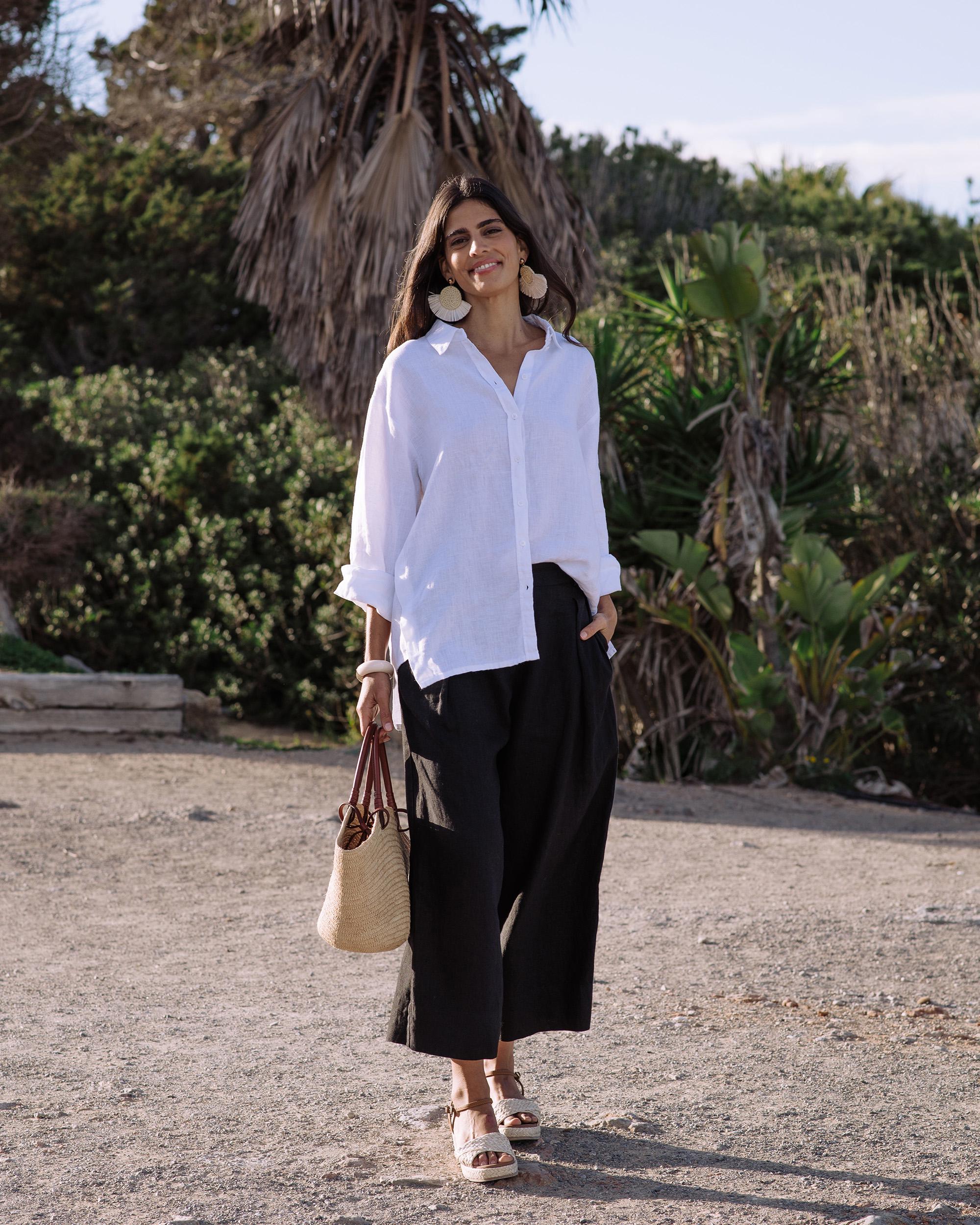 Black Cropped Linen Pants With Pockets – High Waisted Wide Leg