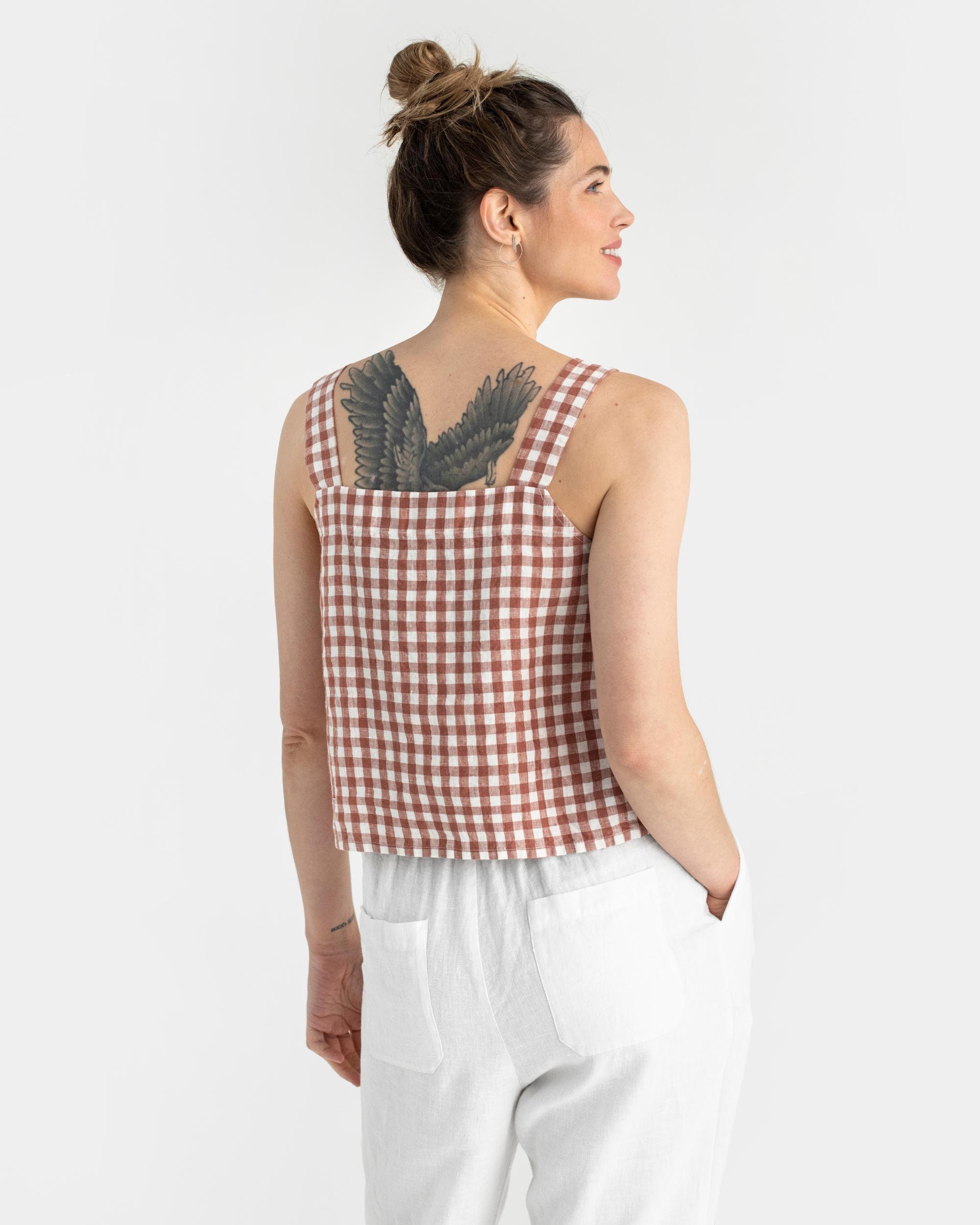 Linen Tank Top – Sleeveless Clay Gingham Linen Crop With