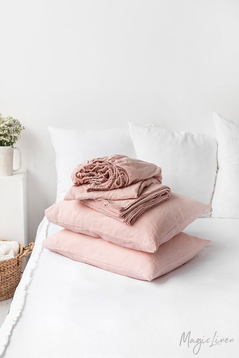 Linen sheet set of 4 pieces in Light Pink Baby Pink. 10 Romantic Tranquil Pink Paint Colors & Pretty Finds!