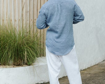 Denim Chambray Linen Shirt for Men – Soft Long Sleeve Shirt