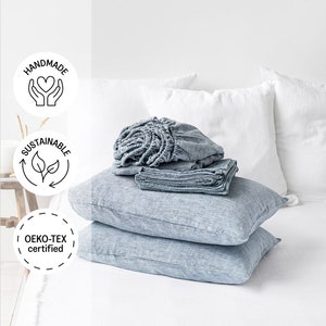 Linen sheet set in Blue Melange (Light Denim). Twin XL, Double, Queen and King linen bedding.