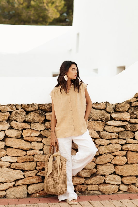 Loose Linen Shirt SEDONA in Sandy Beige / Short Sleeve Top / Oversized  Linen Shirt / Lightweight Linen Top -  Canada