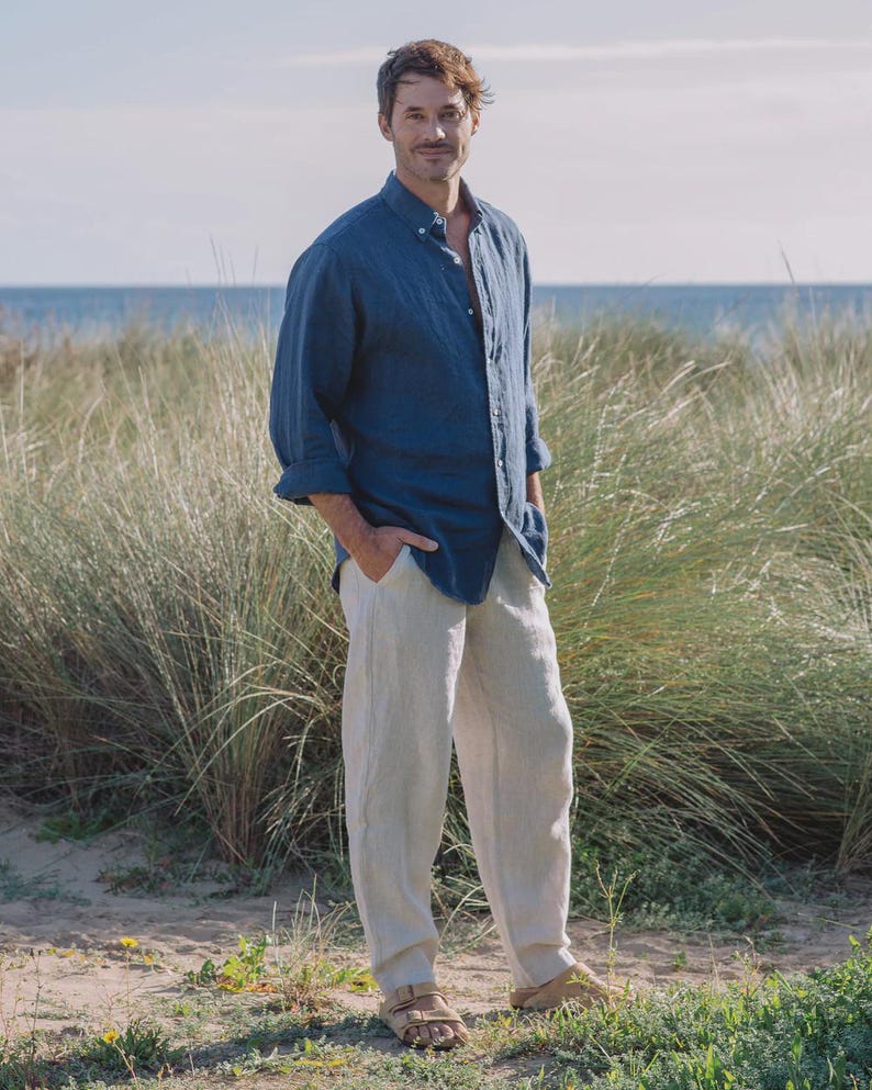 Men’s Linen Pants — Natural Melange Drawstring Pants — Tapered Summer Trousers PALERMO Natural Melange