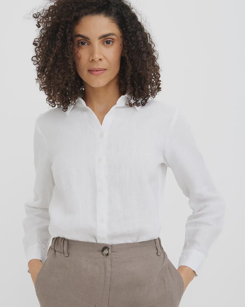 Linen White Shirt for Women - Fitted Button Down - Long Sleeve Blouse ...