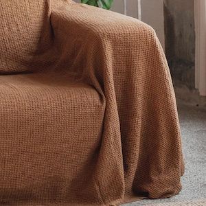 Forest Green Waffle Linen Couch Cover – Sofa Throw – Full Coverage Washable Protector – Stonewashed Cotton Blend – Earthy Natural Decor image 9
