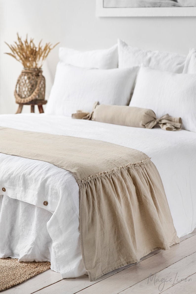MagicLinen Ruffled linen bed runner. Various colors. Come discover lovely European Country Bespoke Linen for Home & You! #europeancountry #interiordesign #linen #handmadelinens #linenclothing #linendecor #homedecor