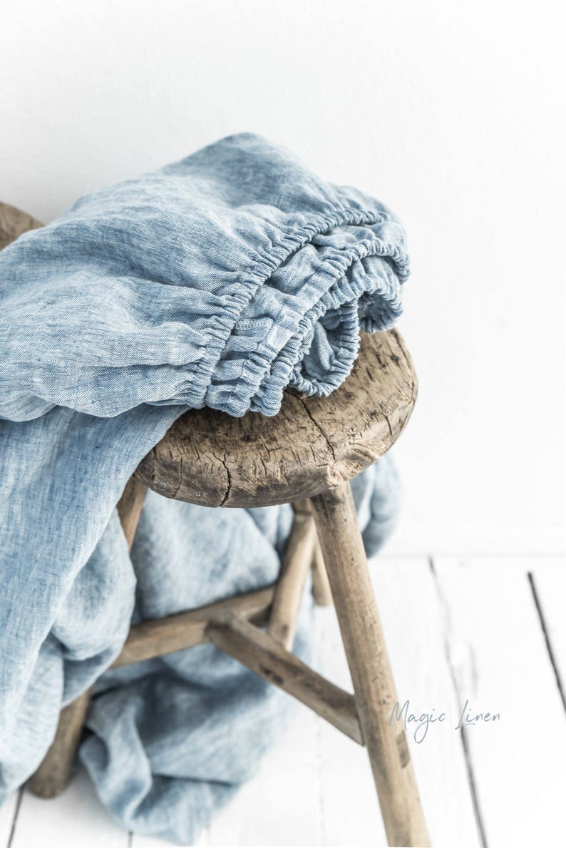 Queen Custom bed sheets King Linen fitted sheet in Blue Melange Washed linen bedding.