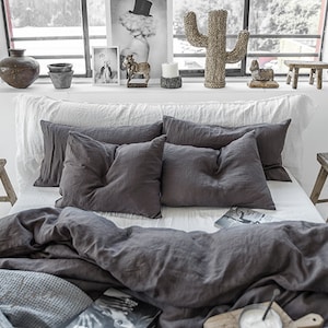 Linen bedding set in Charcoal Gray Dark Gray color. King, Queen linen duvet cover 2 pillowcases. image 8