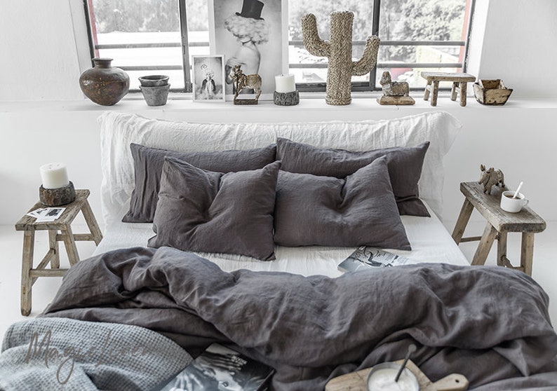 Linen bedding set in Charcoal Gray Dark Gray color. King, Queen linen duvet cover 2 pillowcases. image 8