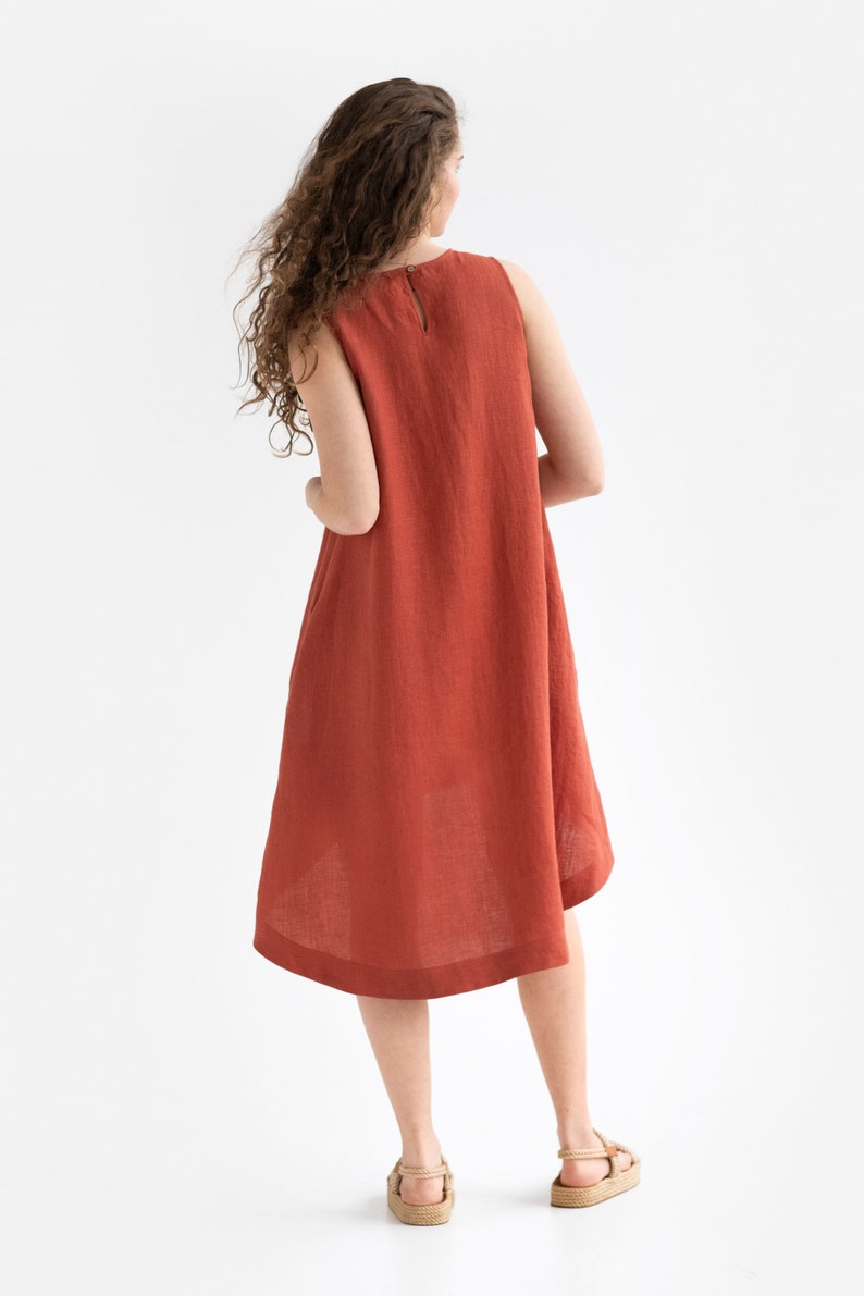 Clay linen dress Royal Toscana. Asymmetrical, sleeveless, loose, knee-length linen summer dress. Women's clothing. image 3