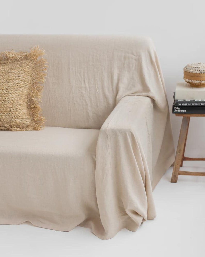 Bankhoes van natuurlijk linnen — Beige bankhoes — Sierhoes — Bankhoes op maat afbeelding 2