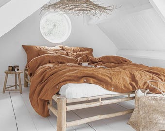 Cinnamon Linen Duvet Cover Set – 3 Piece Queen King Bedding – European Flax, Stonewashed Midweight Linen, Breathable Warm Tone Bedding Set