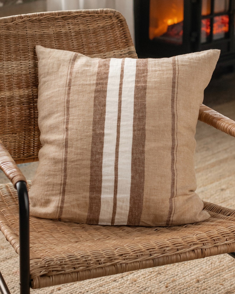 French Striped cushion cover with zipper Decorative linen throw pillow case Home decor Sofa accessory Farmhouse style image 2