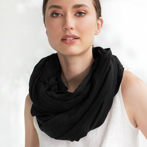 Linen scarf in Black / Linen shawl / Handmade, stone washed linen scarves for women / Long linen scarf image 2
