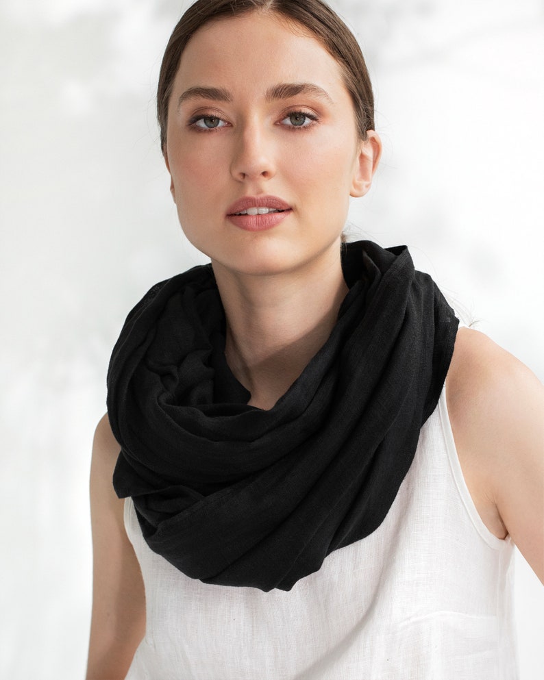 Linen scarf in Black / Linen shawl / Handmade, stone washed linen scarves for women / Long linen scarf image 2