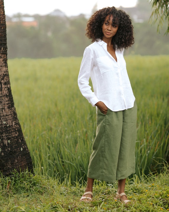 Jupe culotte en lin BRUNY Vert foret Pantalon large et leger en lin pour femme Longueur capri Etsy France