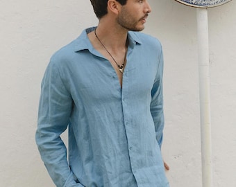 Linen Shirt for Men in Soft Blue - Fitted Shirt Men - Long Sleeve Summer Shirt - Tailored Breathable Office Top - Smart Casual Wear CHICAGO