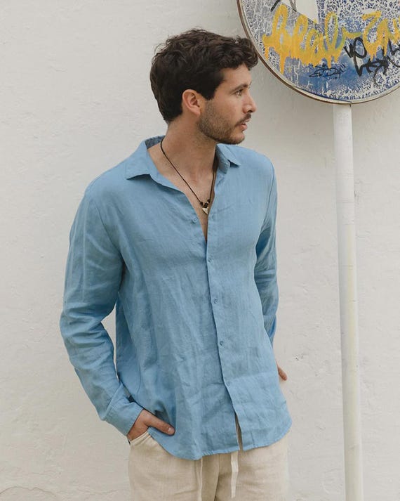 Linen Shirt for Men in Soft Blue - Fitted Shirt Men - Long Sleeve Summer Shirt - Tailored Breathable Office Top - Smart Casual Wear CHICAGO