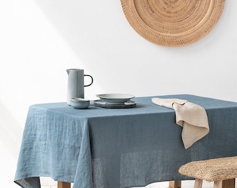 Gray Blue Linen Tablecloth. Round, square, rectangular table linens. Custom linen fabric tablecloth.