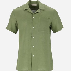 Short sleeve men's linen shirt HAWI in Forest green Hawaiian linen shirt Button up lightweight linen shirt Mens clothing image 3