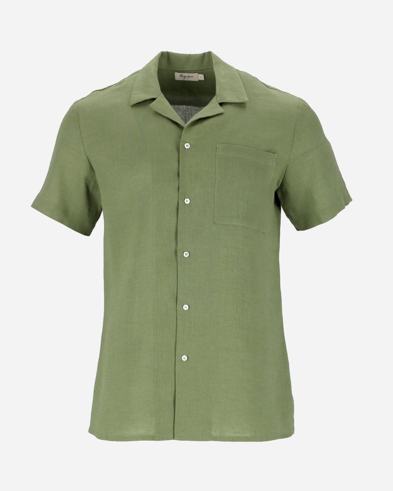 Short sleeve men's linen shirt HAWI in Forest green Hawaiian linen shirt Button up lightweight linen shirt Mens clothing image 3