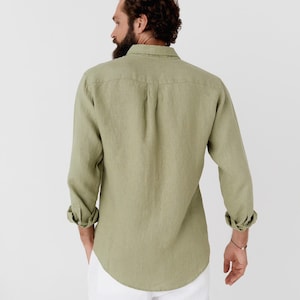 Sage Green Linen Shirt for Men – Long Sleeve Lightweight Button Down Shirt – Relaxed Fit Shirt – Natural Style SINTRA image 3