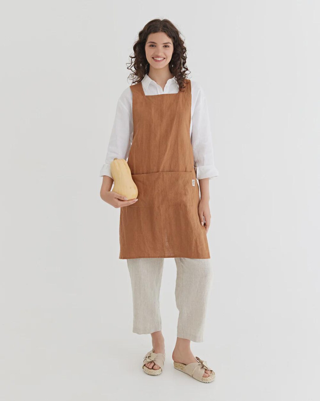 Cinnamon Linen Apron – Japanese Cross Back Pinafore With Pockets