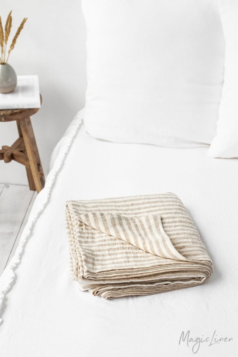 Natural Striped linen sheet set. Fitted sheet, flat sheet, 2 pillowcases. King, Queen, Twin sheets. image 8
