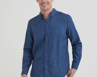 Linen Long Sleeve Shirt for Men - Navy Button Down Shirt - Relaxed Fit Flax Top - Breathable Summer Casual Office Wear BOSTON