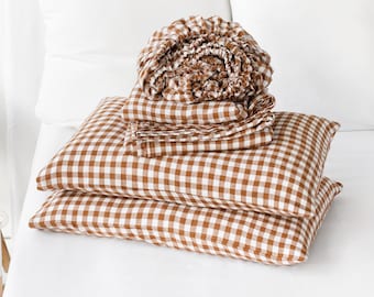 Linen sheet set in Cinnamon gingham. Fitted sheet, flat sheet, 2 pillowcases. Twin Queen King bed sheets. Gingham sheets