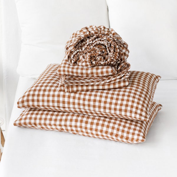 Linen sheet set in Cinnamon gingham. Fitted sheet, flat sheet, 2 pillowcases. Twin Queen King bed sheets. Gingham sheets