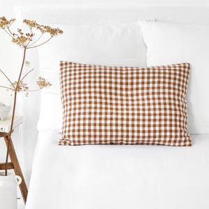 Cinnamon Gingham Linen Pillowcase – Soft Flax Sham – Envelope Closure – Custom Size Stonewashed Pillow Cover – Rustic Warm Bedding Accent