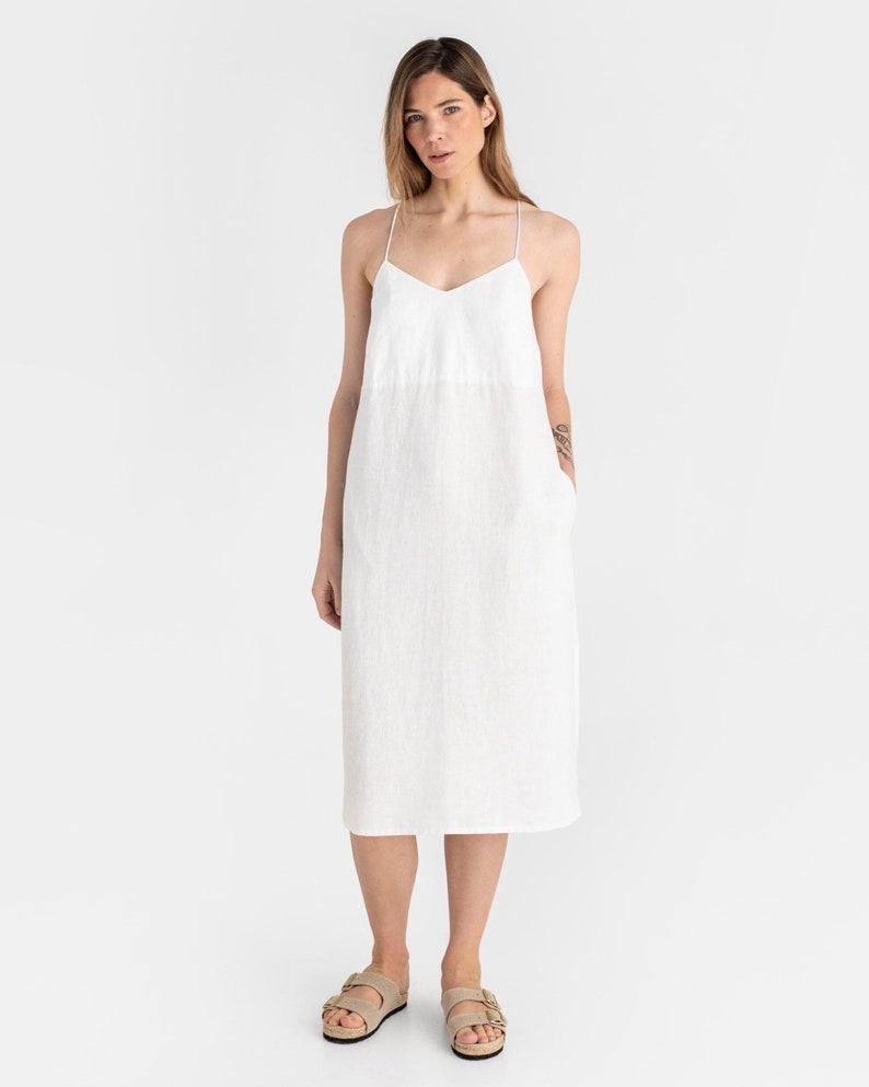 Linen dress MARFA. White linen dress for women. Midi sleeveless linen dress with spaghetti strap. Open back summer dress image 1