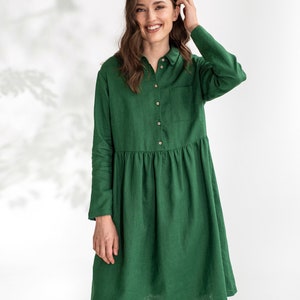 Linen shirt dress NESSO / Green loose fit linen top / Long sleeve shirt image 1
