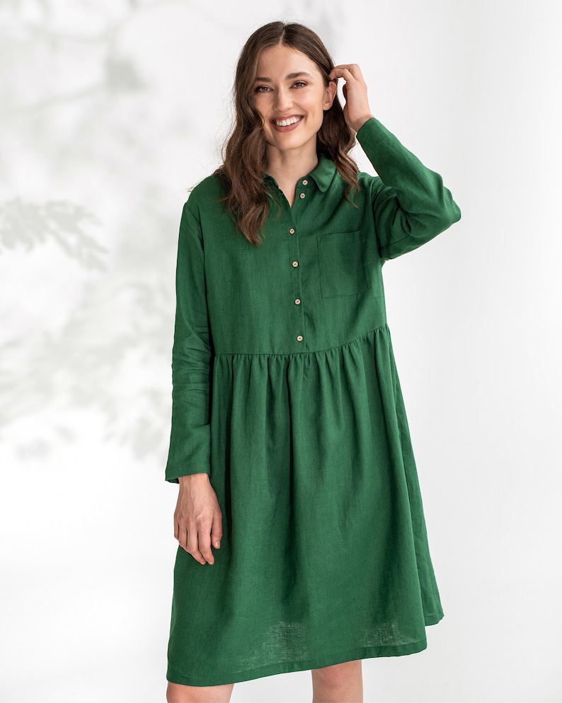 Linen shirt dress NESSO / Green loose fit linen top / Long sleeve shirt image 1