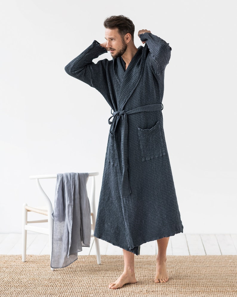 Men's linen waffle robe / Unisex linen robe / Waffle bath robe for men / Loungwear for men Dark gray