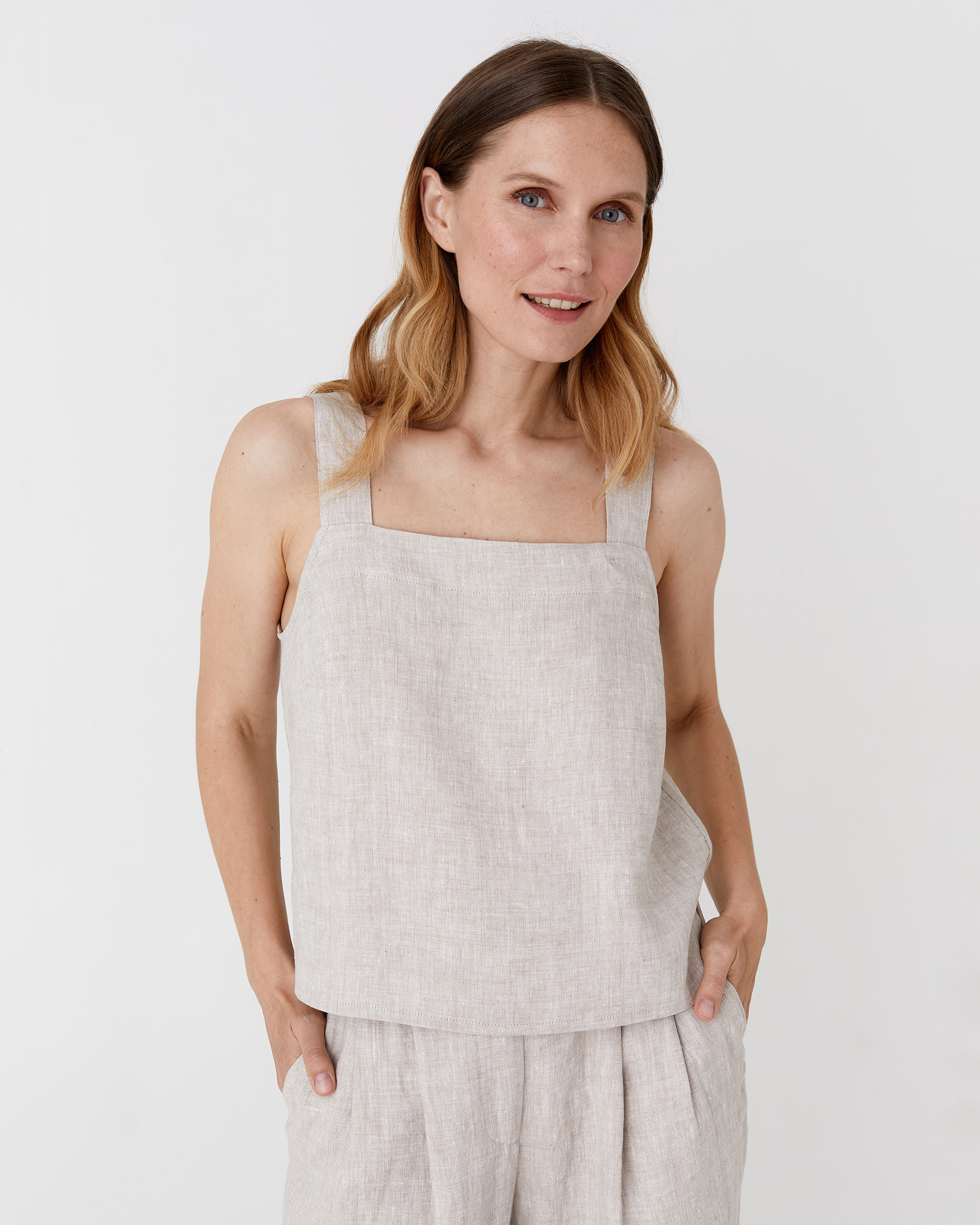 Linen Tank Top – Sleeveless Clay Gingham Linen Crop With