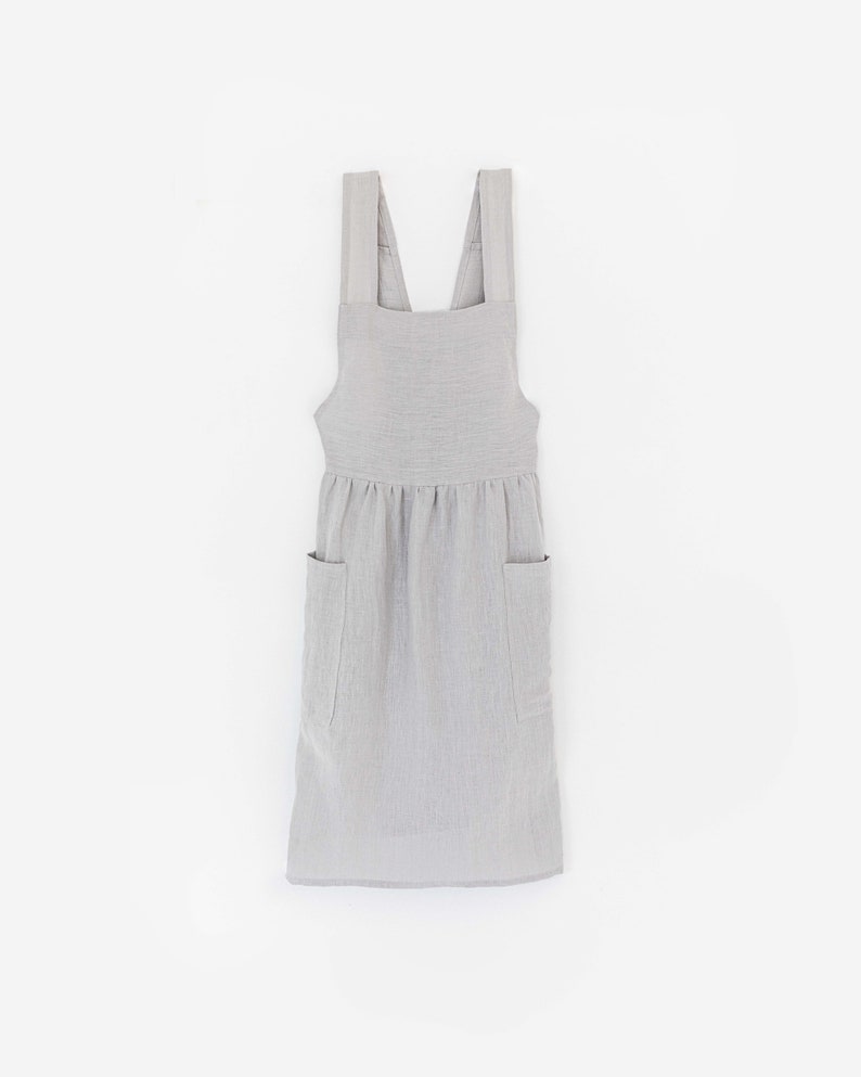 Linen pinafore apron Pinafore dress with pockets Stonewashed linen apron for cooking and gardening Light gray