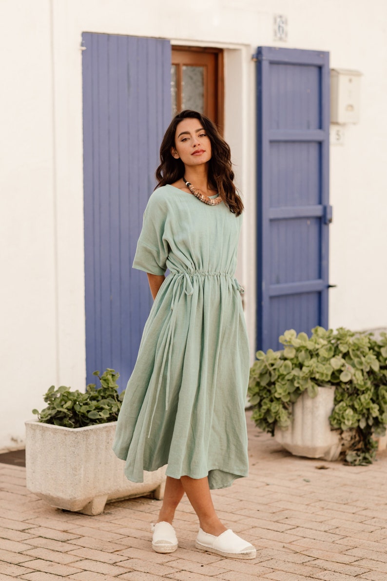 Loose linen dress FOGO in Teal blue / Short sleeve maxi dress image 1