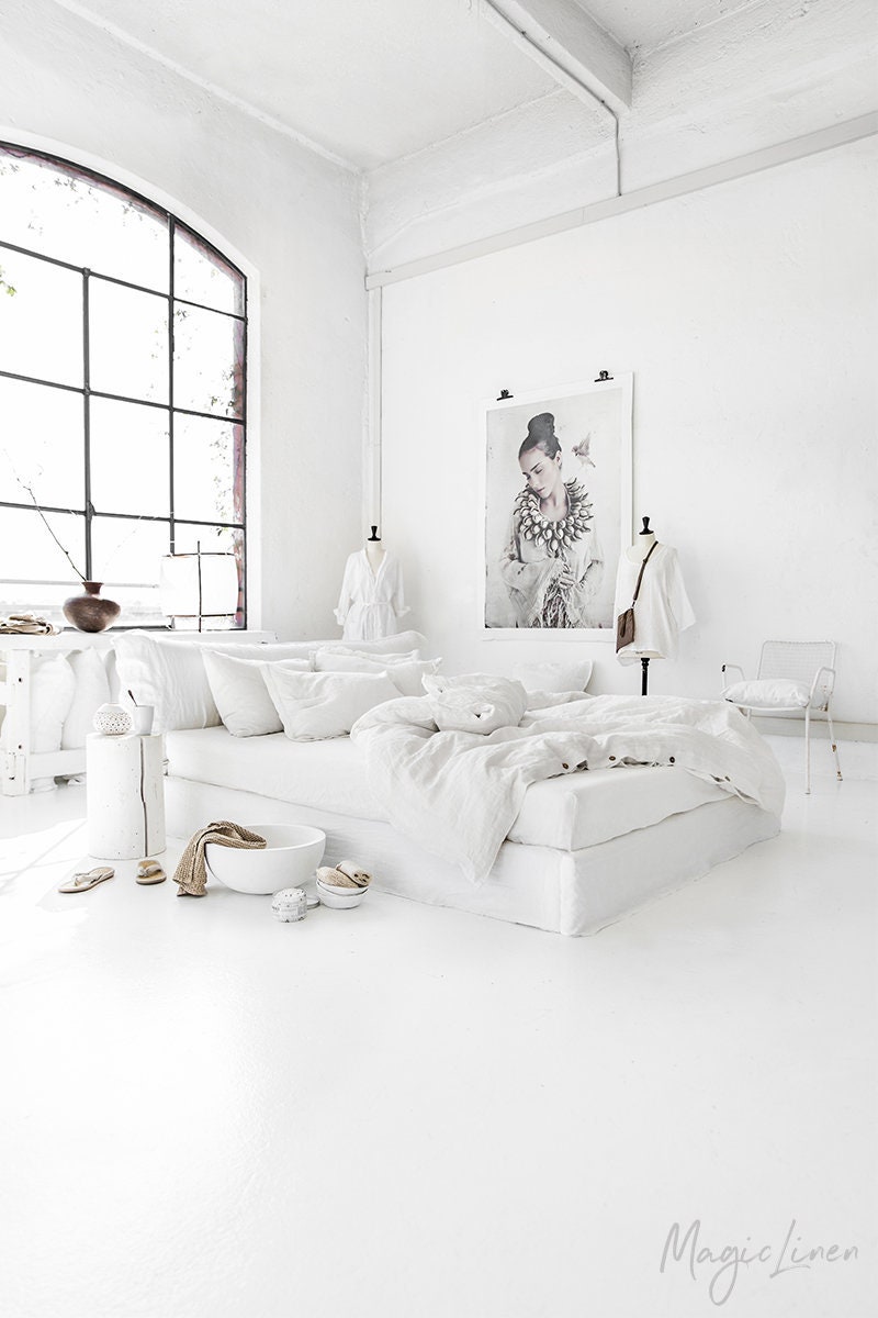 Housse de Couette en Lin Couleur Blanche. Lit King, Queen, Taille Personnalisée