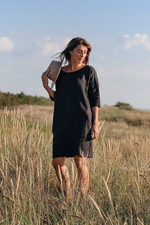 Loose Linen Dress in Black | MagicLinen S