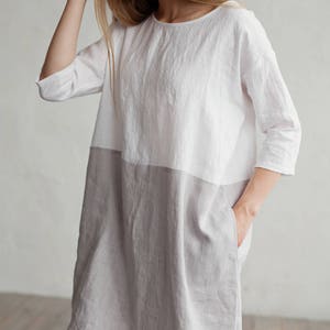 Color-block linen dress ADRIA / Midi white and gray linen tunic dress image 8