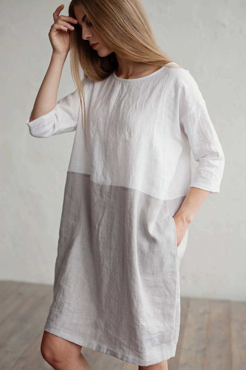 Color-block linen dress ADRIA / Midi white and gray linen tunic dress image 8