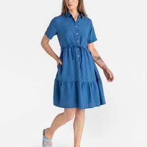 Linen shirt dress PETRA in Cobalt blue. Linen ruffle dress. Midi dress. Short sleeve dress for women. Button up dress with side pockets Cobalt blue