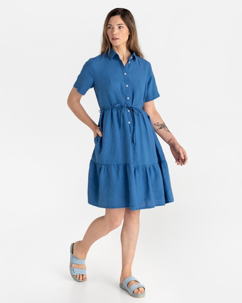 Linen shirt dress PETRA in Cobalt blue. Linen ruffle dress. Midi dress. Short sleeve dress for women. Button up dress with side pockets Cobalt blue