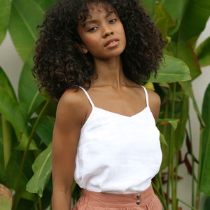 White Linen Spaghetti Strap Top – Sleeveless Linen Tank – Adjustable Blouse for Women – Casual Summer Outfit – Lightweight Linen Shirt ZION