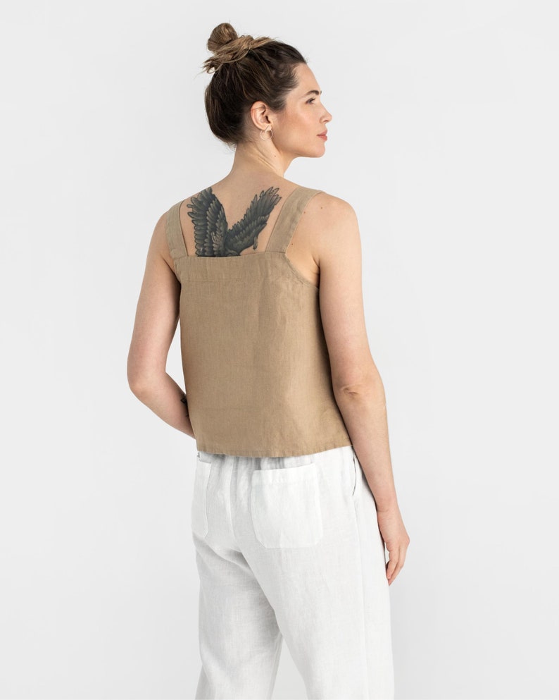 Sleeveless linen top OLINDA in Wheat. Linen blouse. Linen crop top. Basic linen top for women image 2