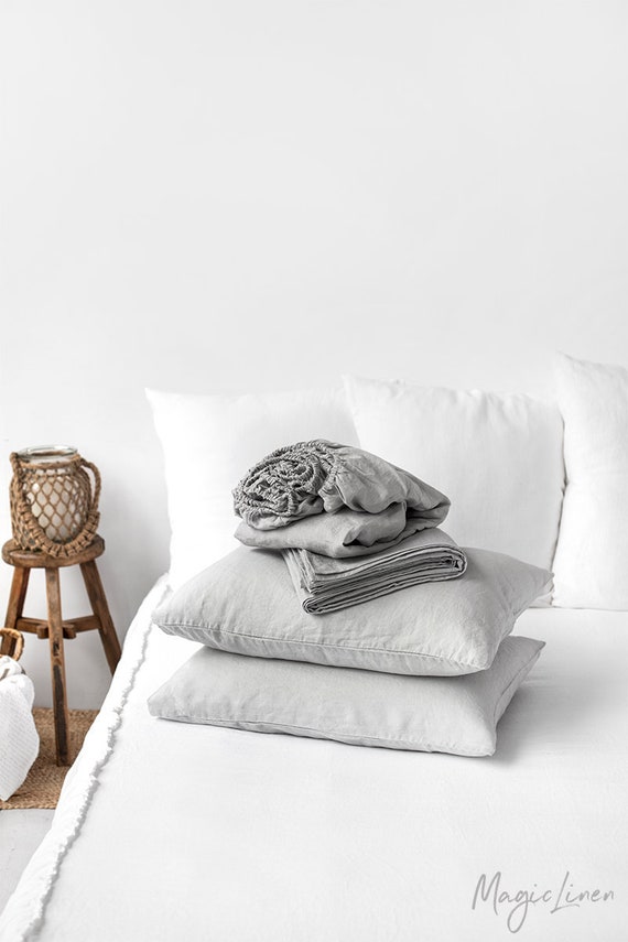 Light gray 2 pillowcases Linen sheet set fitted sheet 4 pcs set Flat sheet
